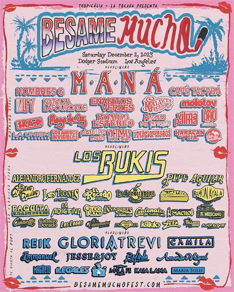 Besame mucho fest - Besame Mucho Festival. 48,717 likes · 3,412 talking about this. December 2nd 2023 💋 Dodger Stadium 🏟 Sign Up For The Waitlist On Our Website.